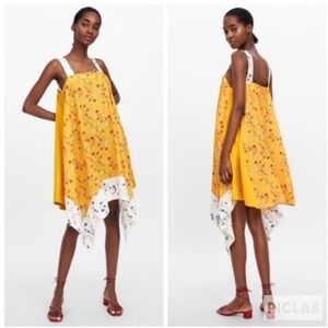 Zara Yellow Floral Handkerchief Hem Swing Dress